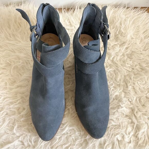 Sole Society Azure Blue Suede Ankle Bootie With Buckle Strap | Size 7 - Picture 2 of 8